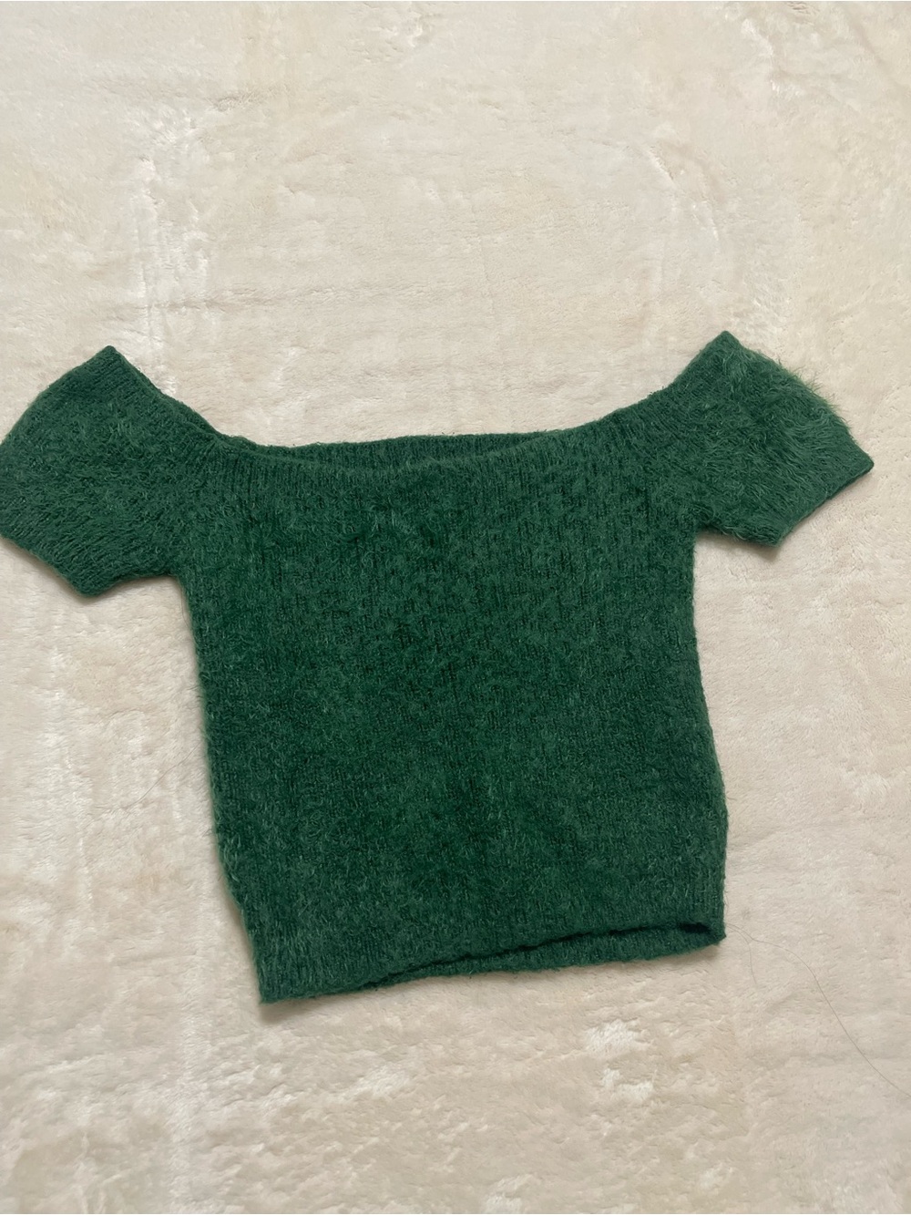 Fuzzy Off-Shoulder Cropped Top - Green